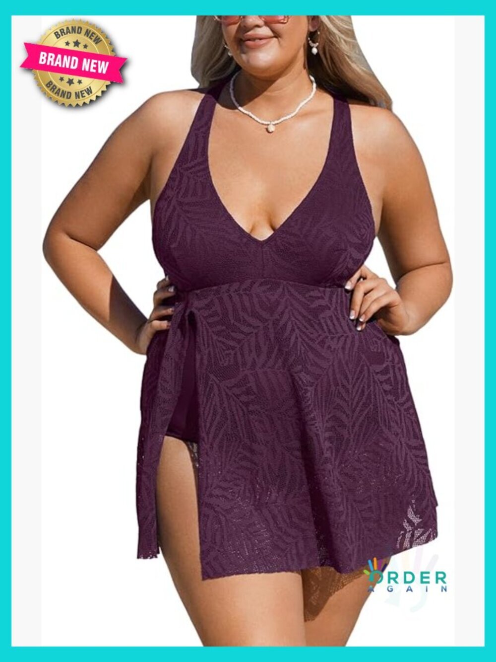 Plus Size One Piece Swimsuit Mesh Hollow Out Cross Back Split Swim Dress Leaf